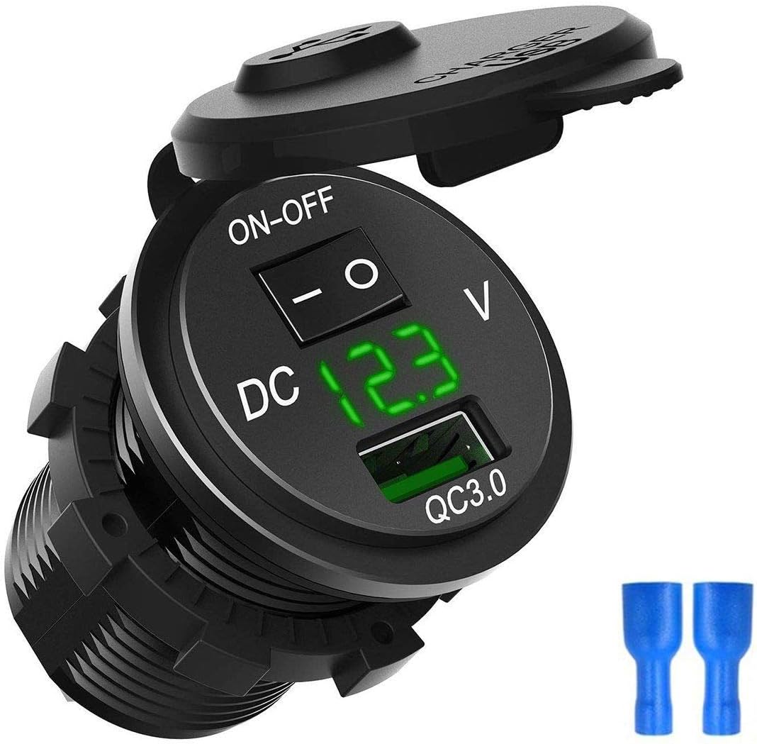 ZYTC Waterproof QC3.0 Car Charger USB Outlet Socket 12V/24V Green LED Digital Voltmeter with On/Off Switch for Car Boat Motorcycle Marine