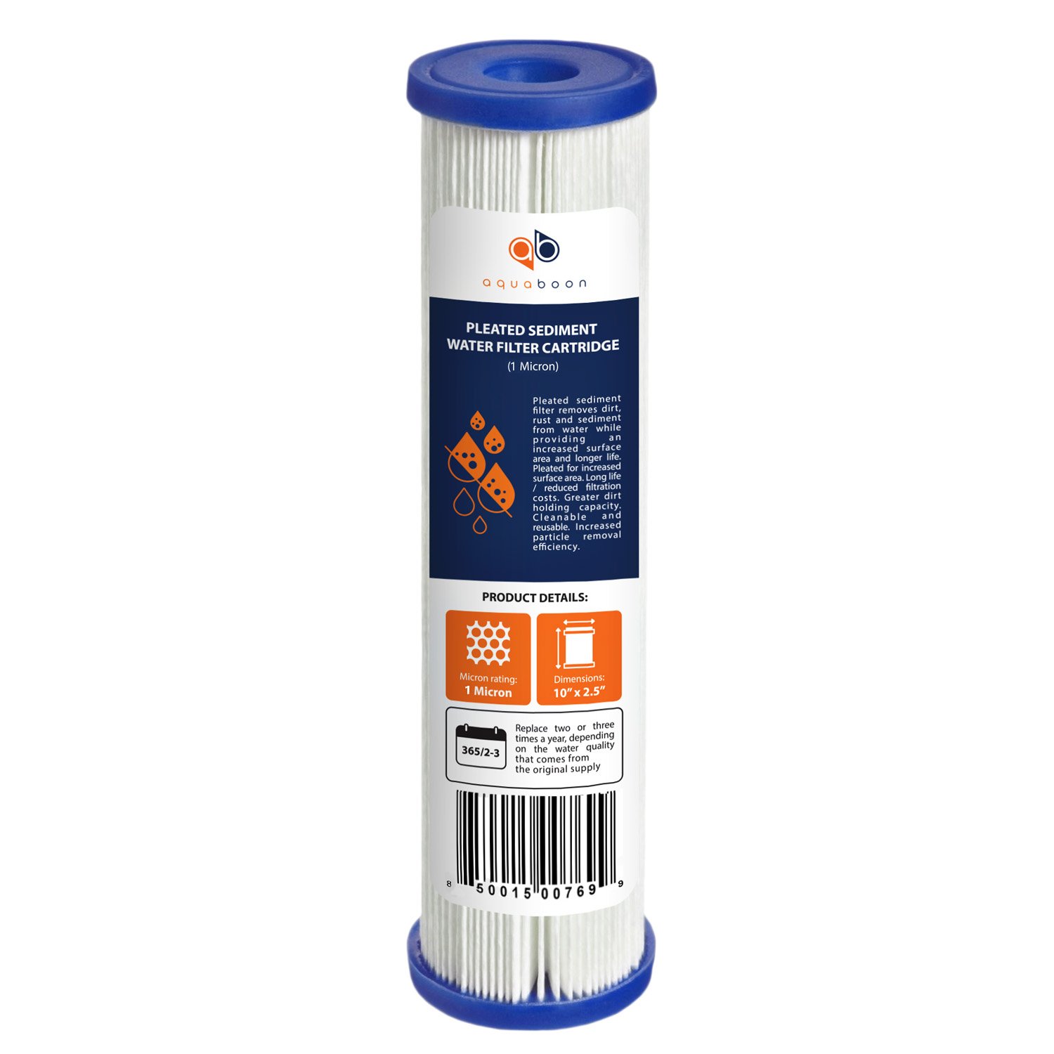 Aquaboon 1 Micron 10" x 2.5" Pleated Sediment Water Filter Cartridge | Universal Replacement for Any 10 inch RO Unit | Compatible with R50, 801-50, WFPFC3002, WB-50W, SPC-25-1050, WHKF-WHPL, 1-Pack