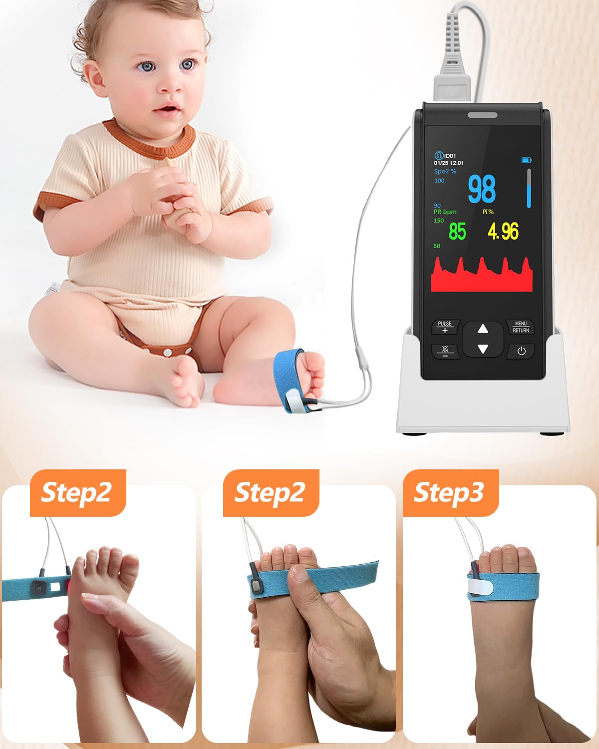HealthTree Infant Handheld Pulse Oximeter Oxygen Monitor Fingertip for Adult Baby, Rechargeable Oximeter with Overnight Continuous, Alarm