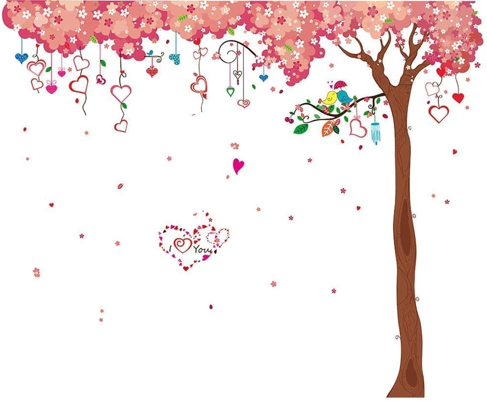 RW-9012 Removable DIY Romantic Warm Pink Cherry Blossom Tree and Flower Wall Decal 3D Wall Art Stickers Murals Home Decor for Kids Gilrs Bedroom Baby Nursery Rooms Living Room Offices Decoration (C)