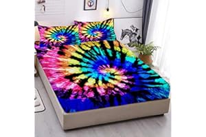 MUSOLEI Tie Dye Girls Sheet Set 3D Rainbow Full Bedding Set Girl Bed Sheets 3PCS Boho Hippie 1 Deep Pocket Fitted Sheet with 2 Pillowcases Wrinkle Free Cozy Microfiber(02,Full)