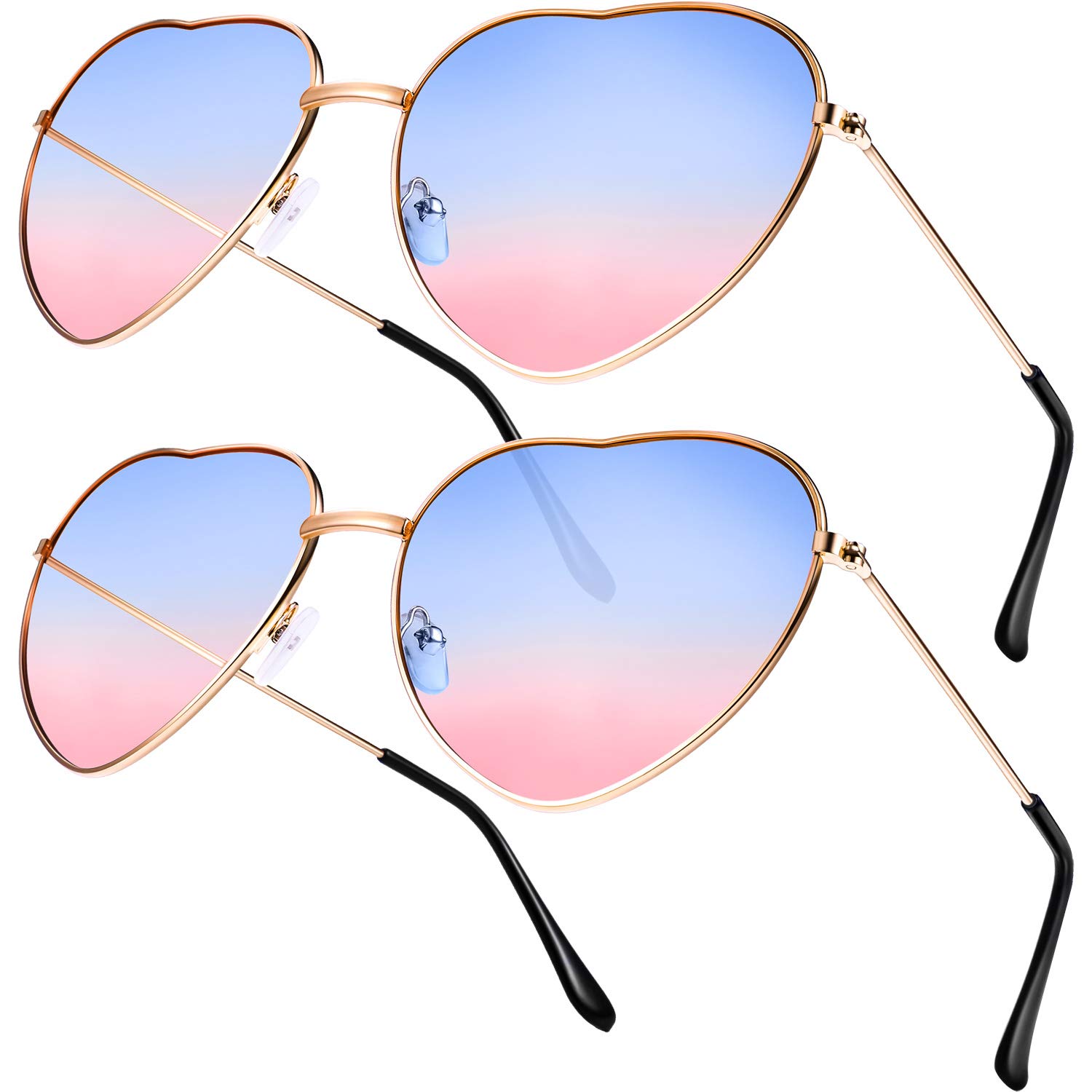Boao 2 Pairs Hippy Specs Glasses Heart Shaped Sunglasses for Hippie Fancy Dress Accessory, Rose Gold Frame (Gradient Blue to Pink Lens)