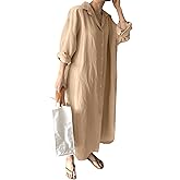 GGUHHU Womens Chic Button Down Rolled-Up Sleeve Long Cotton Blouse Maxi Dress (Large, Khaki)
