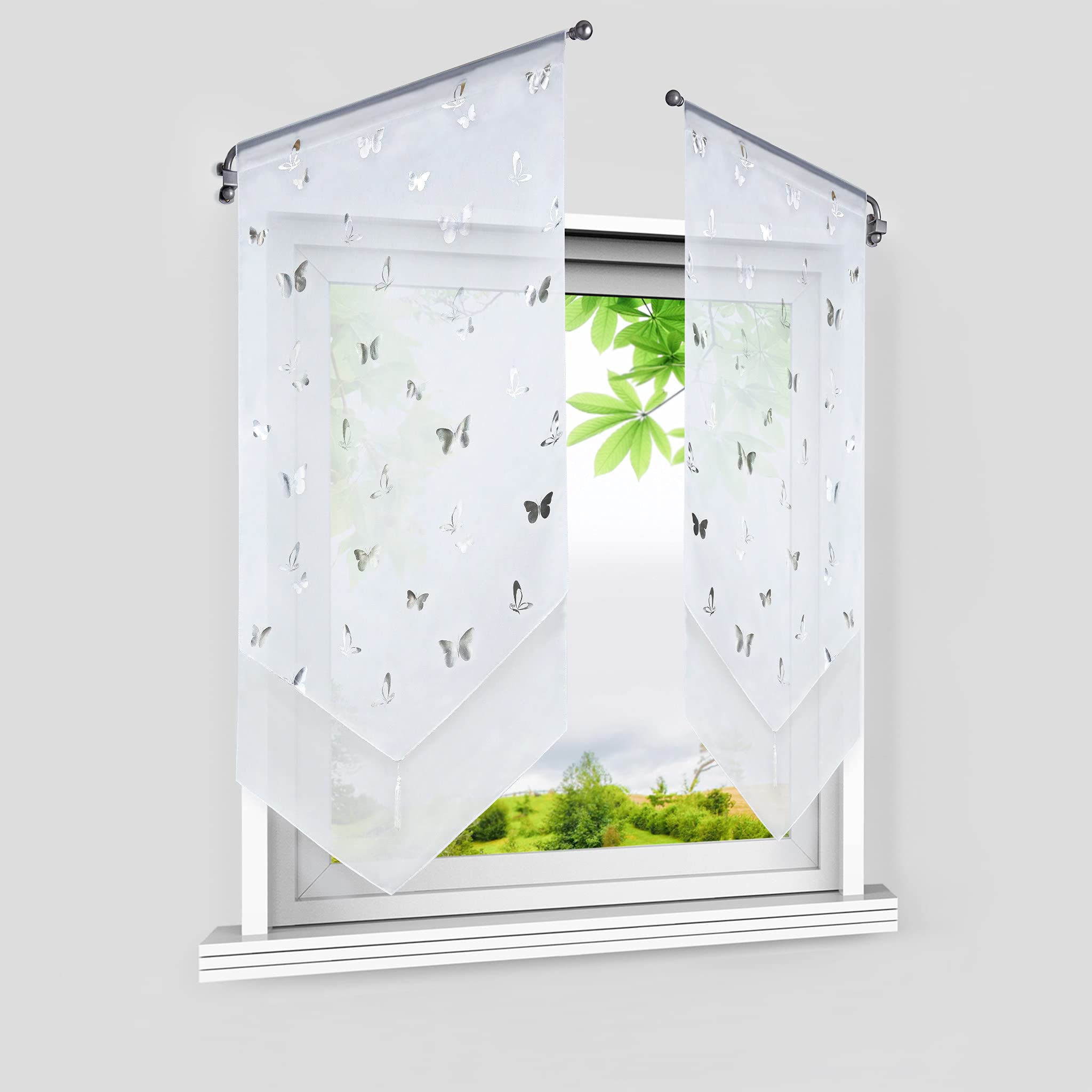 Heichkell Voile Panel Curtain with Silver Butterfly Bistro Curtains Set of 2 Panneaux Double Layer Short Curtain Modern Kitchen Curtain with Tassel White W x H 80 x 150 cm 2 Pieces