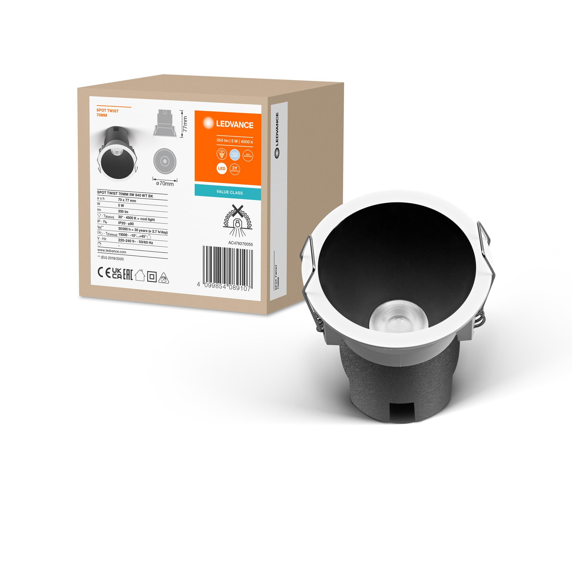 LEDVANCE Spot Twist Recessed Downlight, Black, 5W, 400Lm, 840 Wt, 70Mm Diameter, Cold White Light Color, Up to 90 Percent Energy Savings Compared to Halogen Downlights, Easy Installation, 4000K