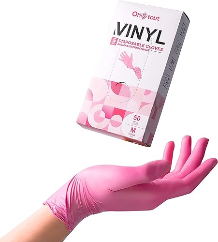 OriStout Disposable Gloves for Women, Pink Vinyl Gloves Disposable