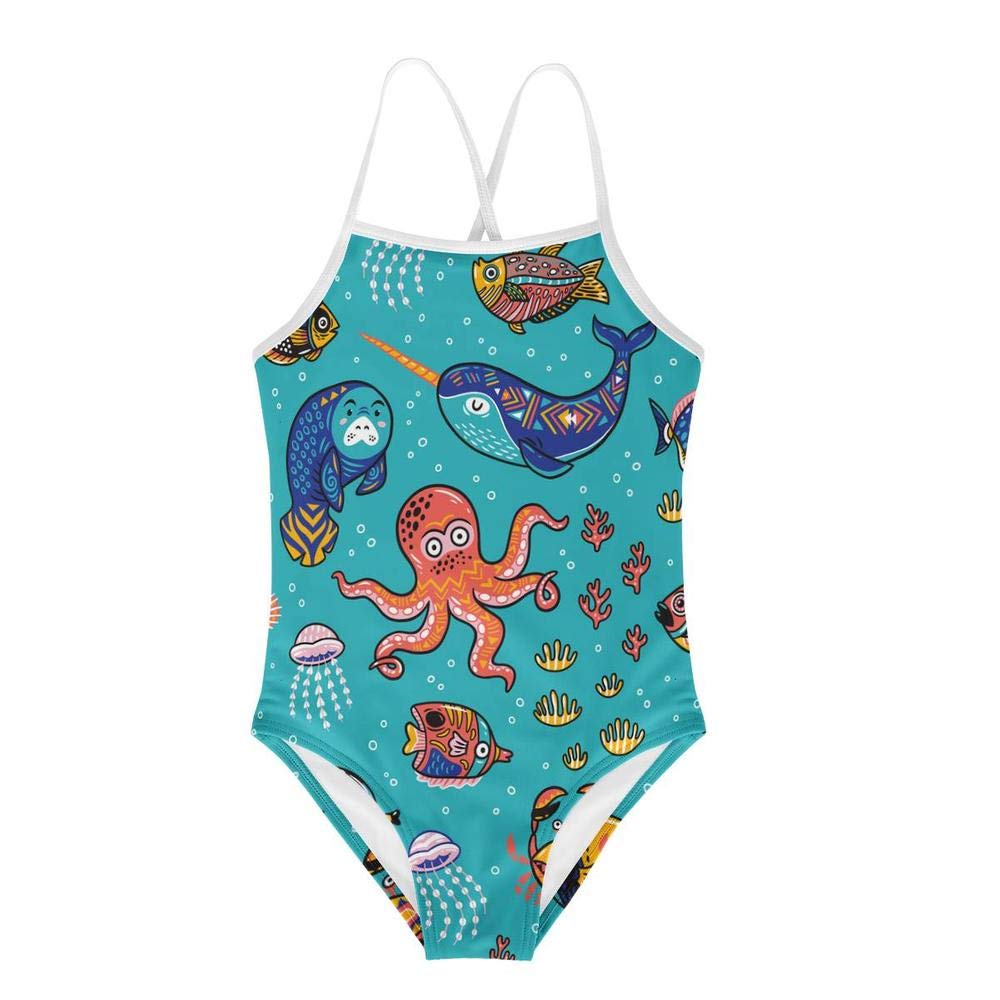 KiuLoam Cartoon Octopus Seal Narwhal Girls Swimwear One Piece Swimsuits Bathing Suit for 3-8 Years Baby Girl