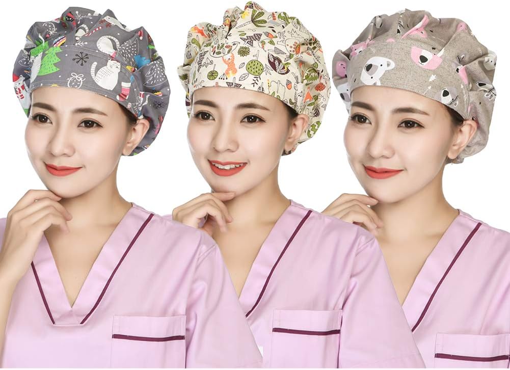 3pcs Women's Scrub Caps Floral Printed Bouffant Sweatband Cotton Surgical Hat Elastic Cords Nurse Hat