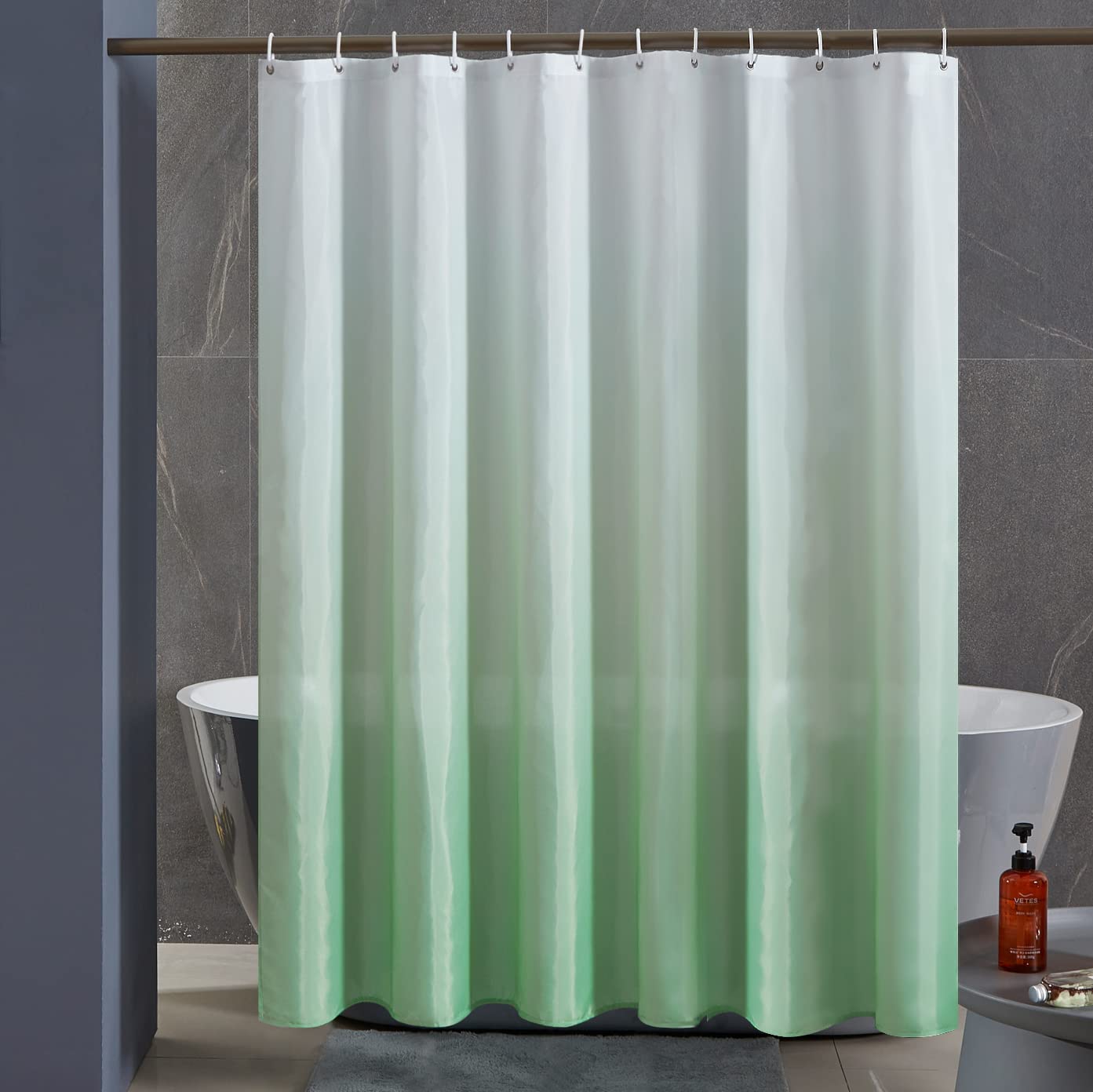 Furlinic Shower Curtain Mould Proof Polyester Fabric Wetroom Bath Curtains Waterproof Machine Washable with 12 Hooks for Bathroom White to Green 72x72 Inch(180x180cm).