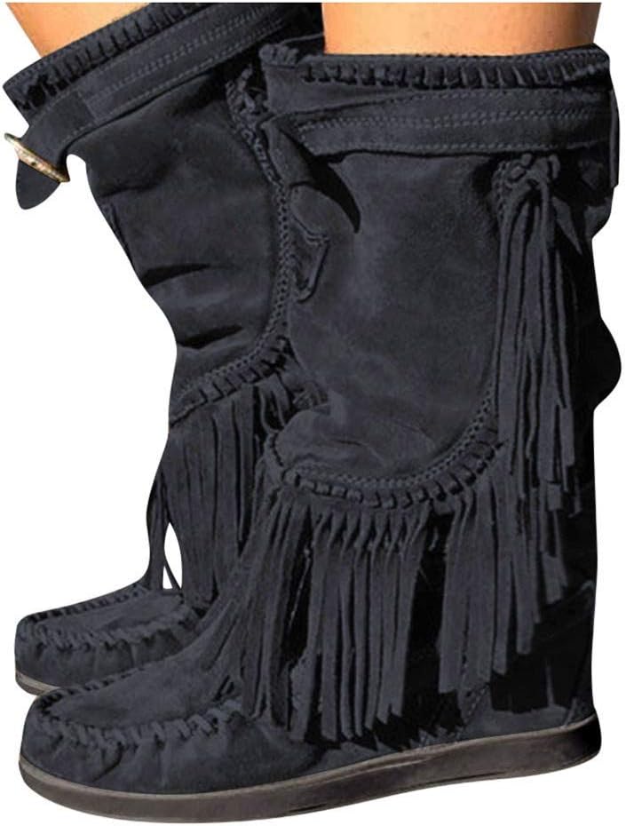Women's Mid-Calf Shoes Casual Winter Round Toe Rome Retro Fringe Mid-Calf Ankle Boots 2019