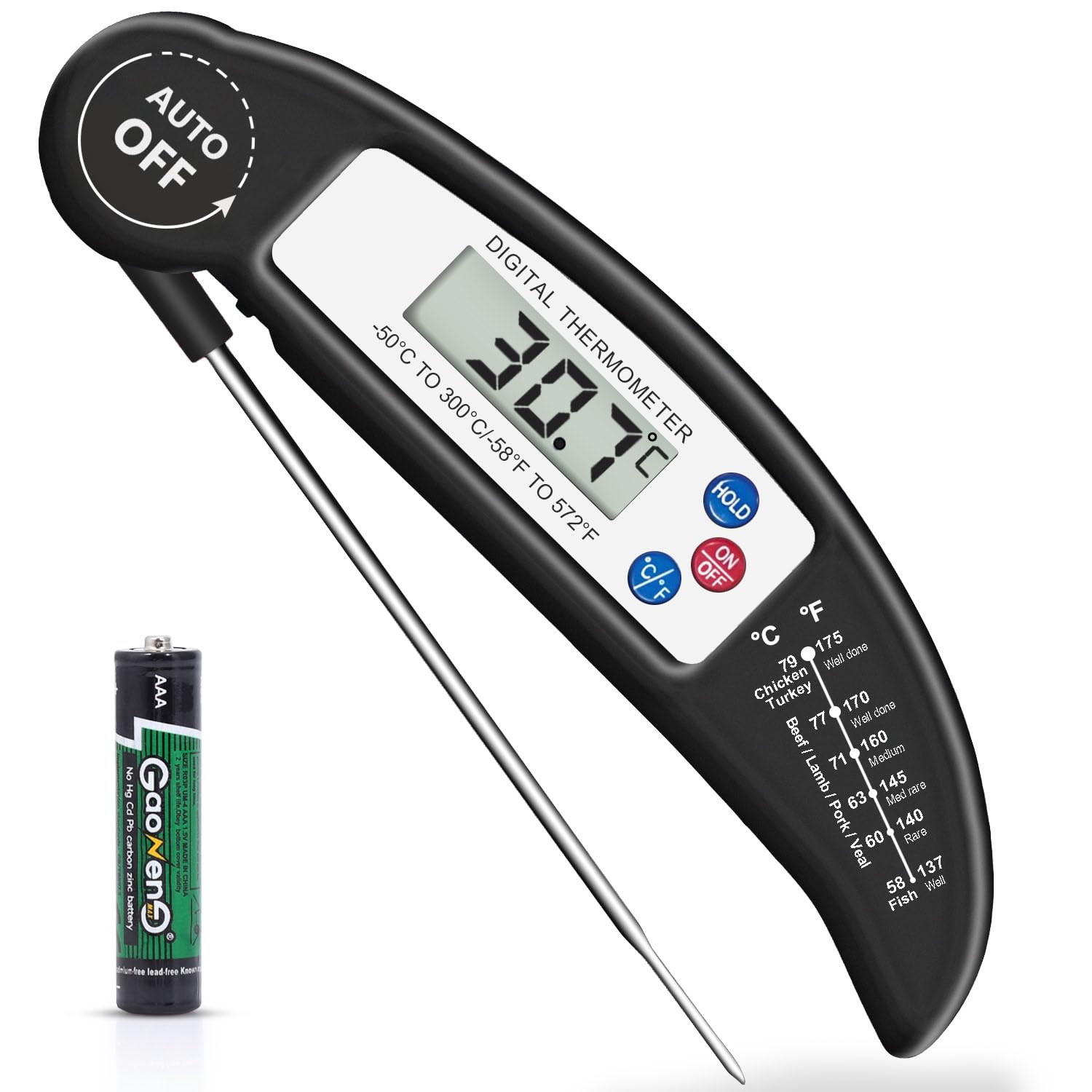 Criacr Food Thermometer Battery Included Digital Instant Read Meat Thermometer Foldable Long Probe Food Cooking Thermometer with °F/°C, Auto On/Off Cooking Thermometer for BBQ, Milk, Water, Jam-Black
