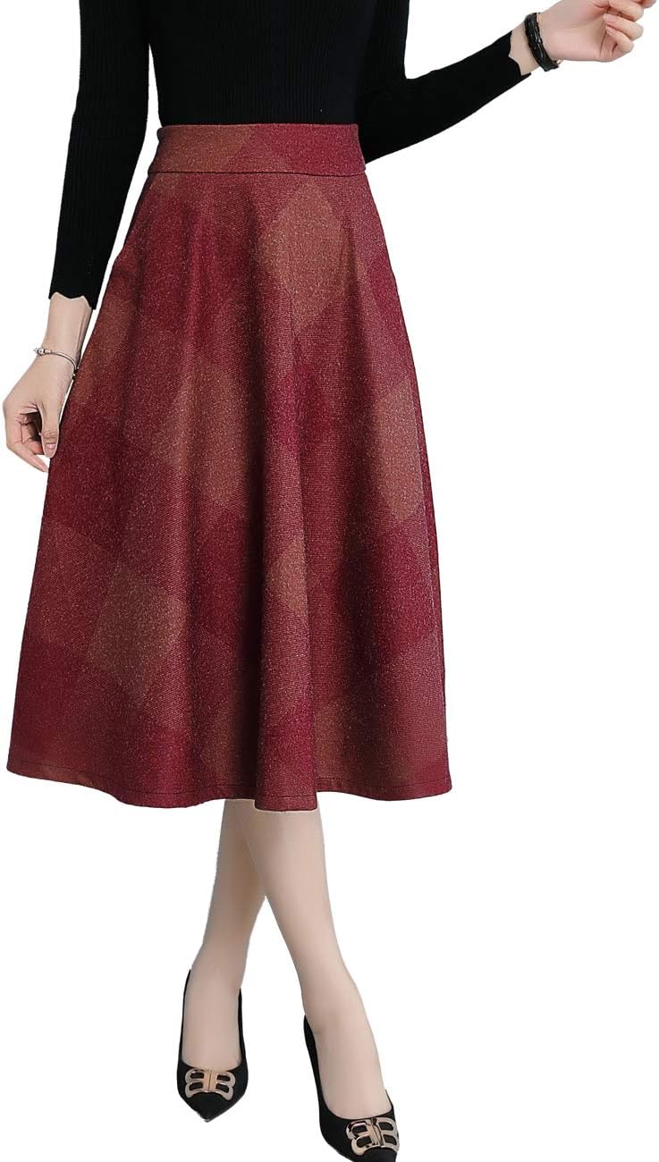 Femirah Women's Wool Midi Skirt A Line Floral Skirt Vintage Plaid Swing Skirts 20 Colors