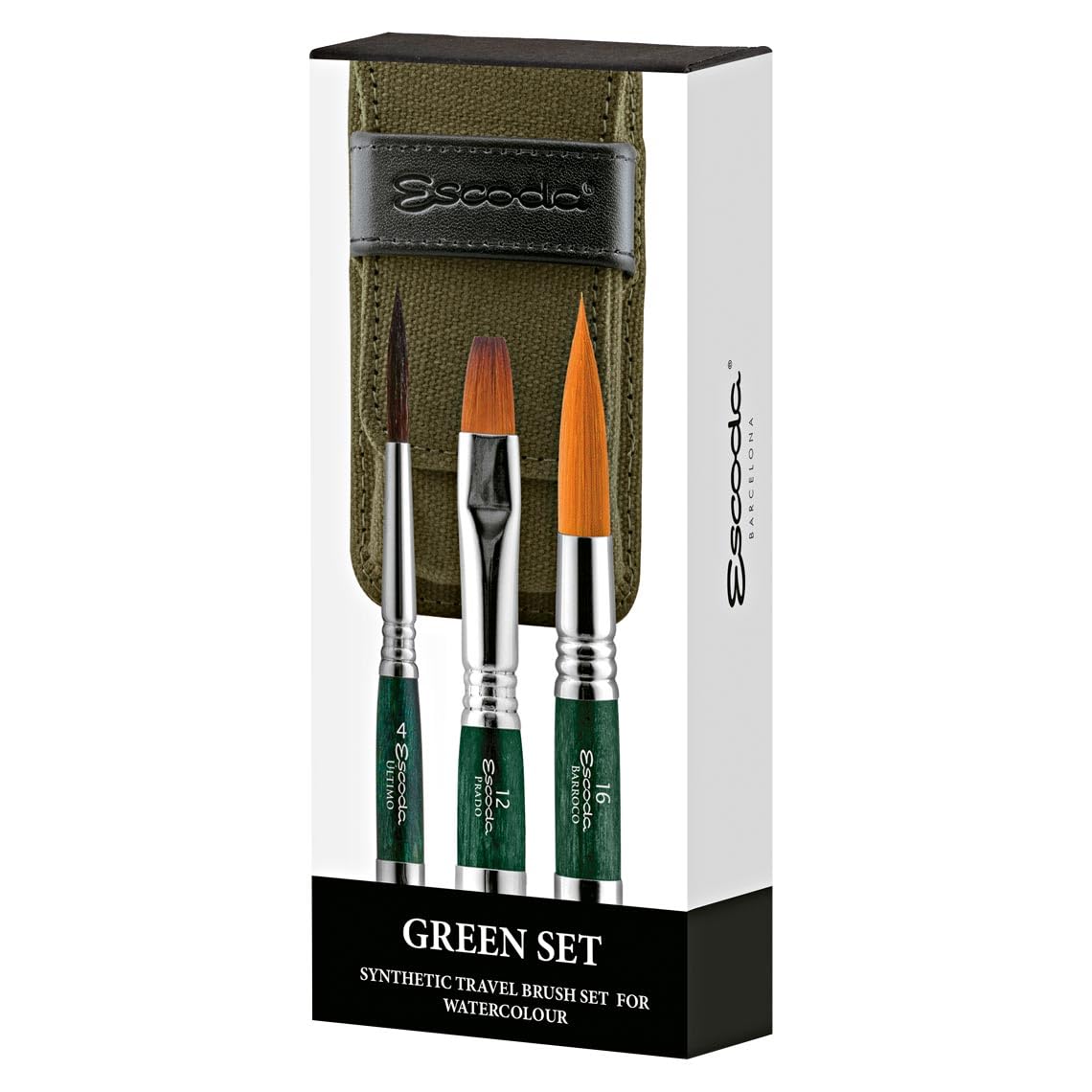 ESCODA Set 3 Watercolor Brushes - Green Travel Set N.4,12,16 Round Pointed Long Tip Bright Synthetic Hair Ultimo Barroco Prado Series Canvas Case Professional Handmade in Barcelona.