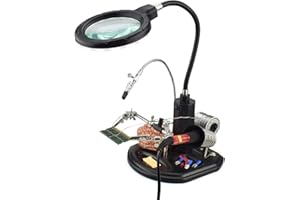 MMOBIEL LED Light Helping Hand Magnifier Station for Soldering, Assembly, Repair,Modeling, Hobbies and Crafts - 2.5X /4X LED Light - Hands-Free Magnifying Glass Stand - Incl. Clamp and Alligator Clips