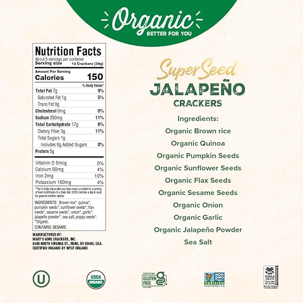 MARY’S GONE CRACKERS ORGANIC SUPER SEED CRACKERS, JALAPENO – GLUTEN-FREE, NON-GMO, VEGAN & WHOLE GRAIN, 5.5 OUNCE (PACK OF 1)
