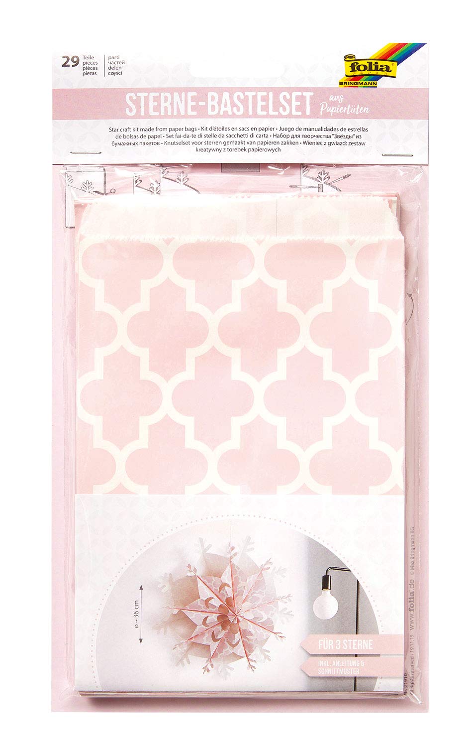 Folia 21910 Craft Set Stars of Paper Bags 28 Bags with Pink Print Each 13 x 18 cm for 3 Paper Stars in Snowflake Design Diameter 36 cm Pink and White One Size