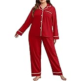 SWOMOG Women's Plus Size Pajamas Set Long Sleeve Sleepwear Button Down Tops Soft Pajama Pants 2 Pcs Lounge Sets with Pocket