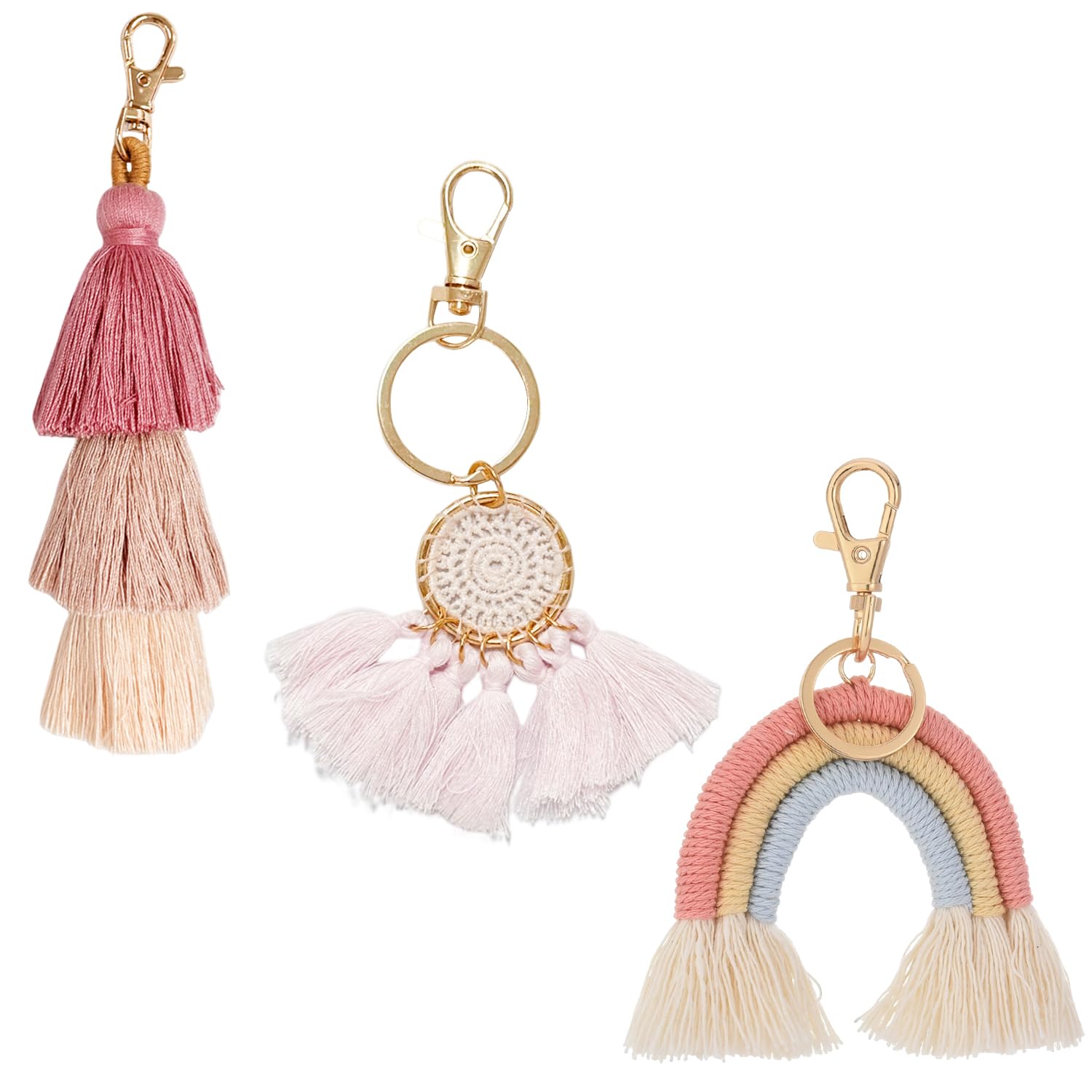 GVSAVY 3Pcs Bohemian Tassel Keychain, Rainbow Tassel Charm, Pom Pom Tassel Charm, Dream Catcher Tassel Keychain, Handwoven Ornament, Cute Accessories For Women'S Bags, Pink