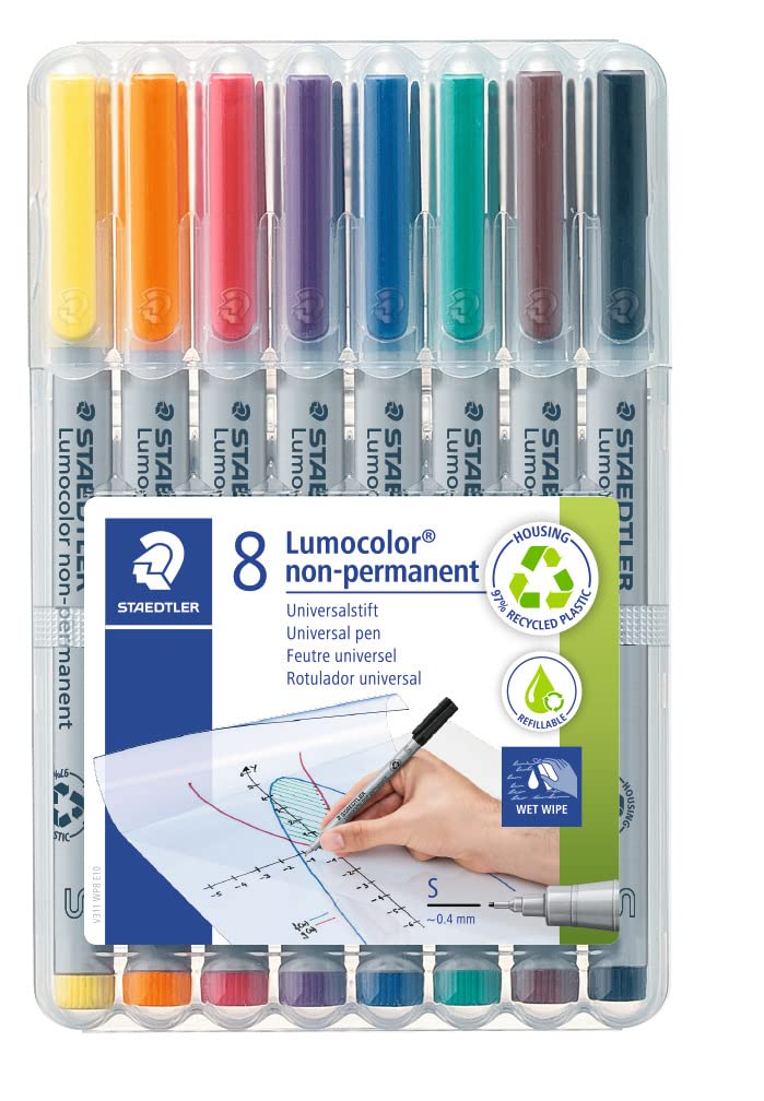 STAEDTLER 311 WP8 Lumocolor Non-Permanent Pen, Superfine Line Width, 0.4mm - Assorted Colours (Pack of 8)