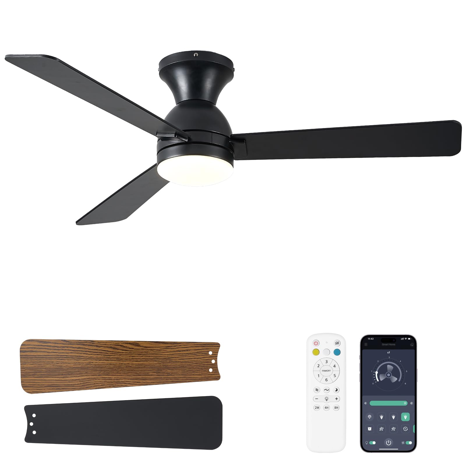 Photo 1 of Dolavast Ceiling Fans with Lights, 48 inch Low Profile Ceiling Fan with Light and Remote Control, Flush Mount, Reversible, 3CCT, Dimmable LED, Noiseless, Black Ceiling Fan for Bedroom, Dining Room