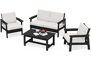SERWALL HDPE Outdoor Furniture Set, 4 Piece Outdoor Sofa Set, Black Frame with Khaki Cushions