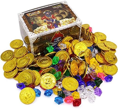 Kids Pirate Treasures Gold Coins and Pirate Diamond Gems Jewelry Playset Pack Party Favor. (100 Pirate Coins+100 Gems+2 Rings+2 Earrings)