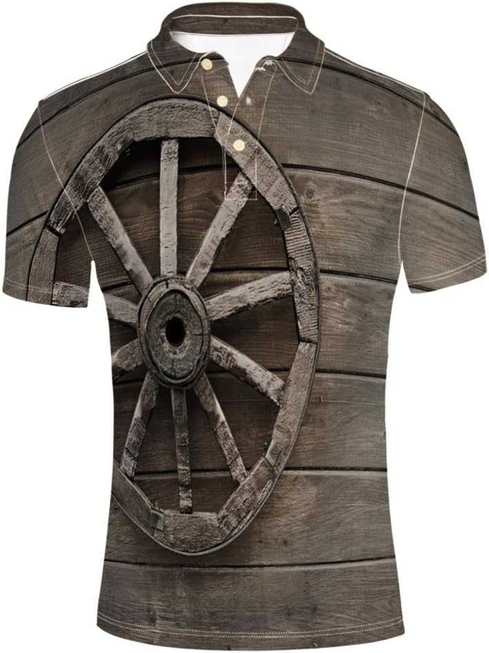 iPrint Adult Men's Aged Carriage Vehicle Wheel on The Wall Barn Polo Shirt