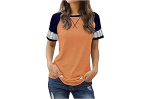 Binmer Women's Color Block Short Sleeve T Shirts Fashion Striped Patchwork Crewneck Tops Casual Loose Fit Workout Summer Tees