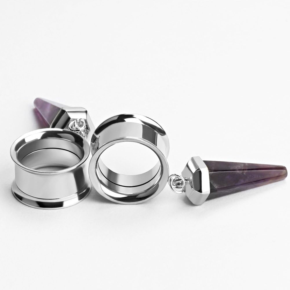 KUBOOZ 1 pair of stainless steel amethyst stone pendant ear plugs tunnels gauges stretch piercings, 316L, Silver - Image 4