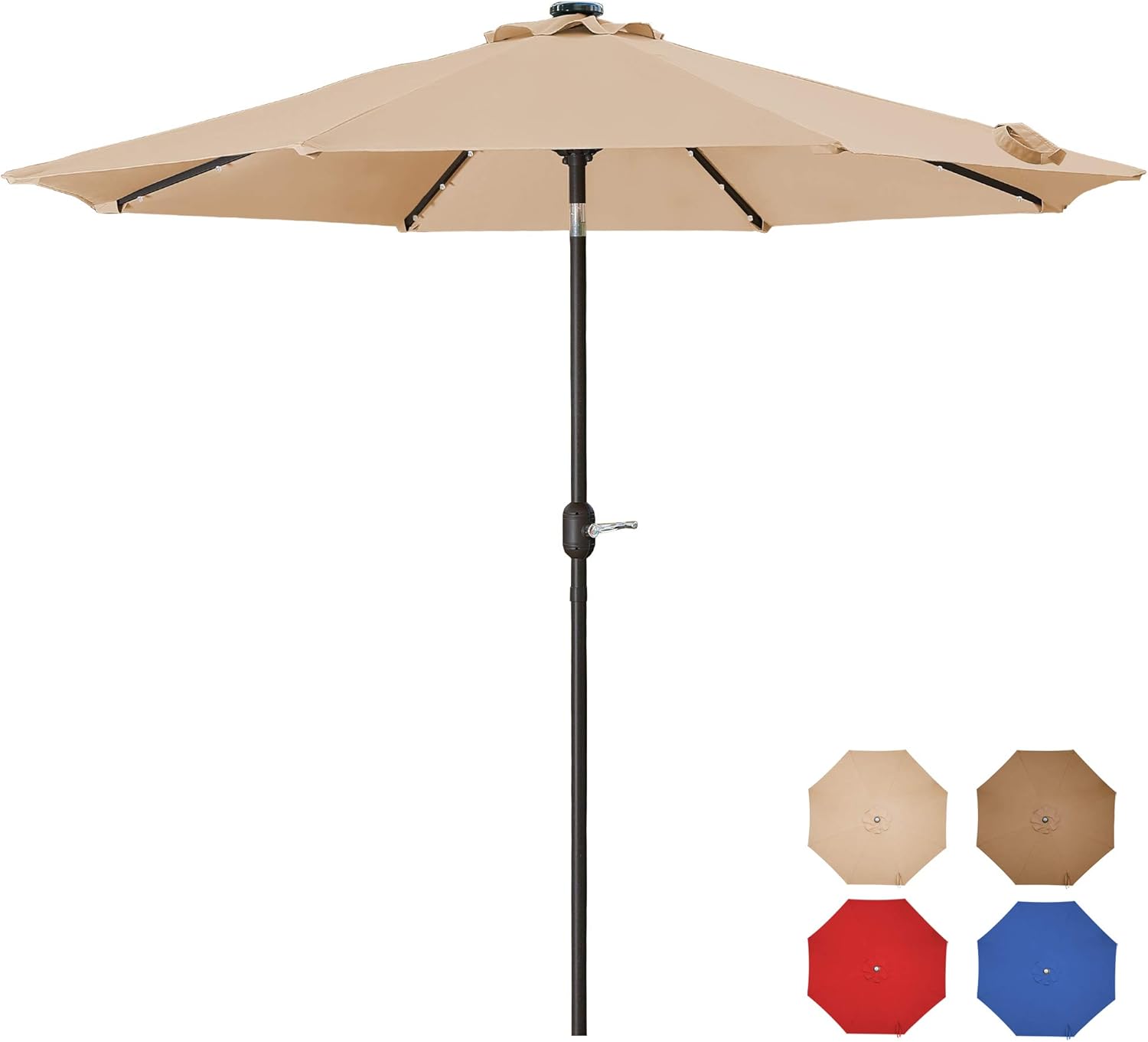 Amazon Com 9 Ft Patio Solar Umbrella Outdoor Market Table Umbrella With 32 Led Lighted Crank 8 Ribs Polyester Canopy Light Sand Garden Outdoor