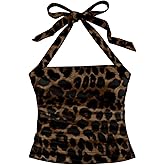 Verdusa Women's Plus Size Y2K Leopard Halter Top Rave Club Ruched Backless Crop Tops