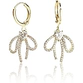 Sonateomber Gold Bow Dangle Small Hoop Earrings for Women, Cute Christmas Tree Sparkly CZ Rhinestone Snowflakes Ribbon Drop Earings Holiday Xmas Accessories Fashion Jewelry Gift
