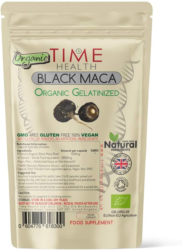 Gelatinized Black Maca Root, 2600mg Wholefood Equivalent, Peruvian, Soil Association Certified Organic, Vegan, GMP Standards