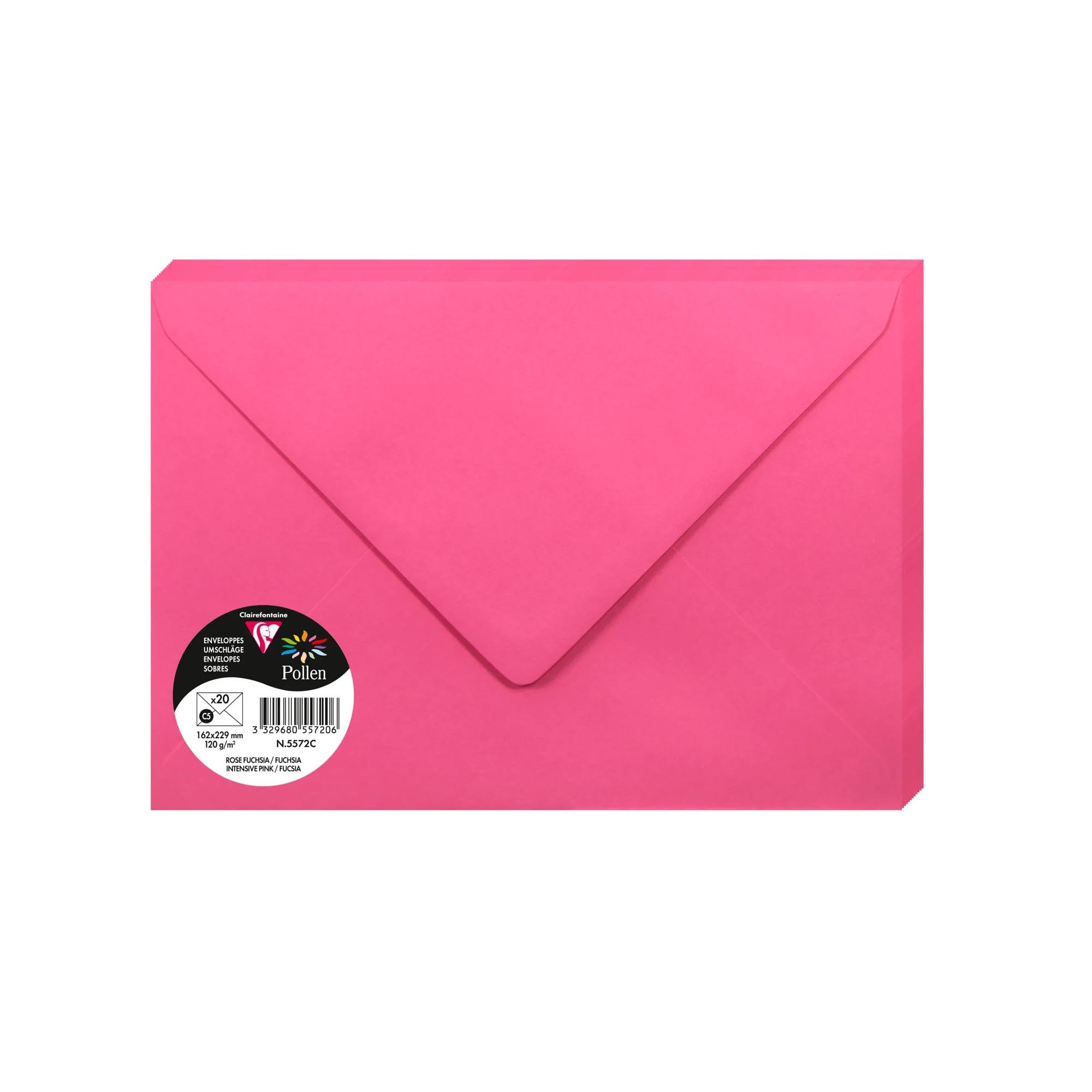 Clairefontaine 5572C Pack of 20 Gummed Envelopes C5 16,2x22,9cm 120gsm Colour Intensive Pink Invitation Events Correspondence Pollen Range Premium Smooth Paper