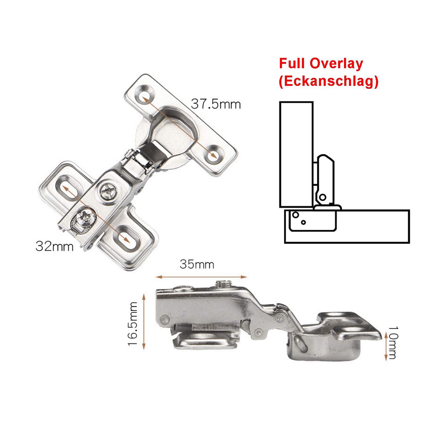 Cerniere A Battuta Interna Con Ammortizzatore - Chiusura Lenta E Morbida Per Cucina E Armadi - 105 Gradi - 2 Pezzi - Foto 5