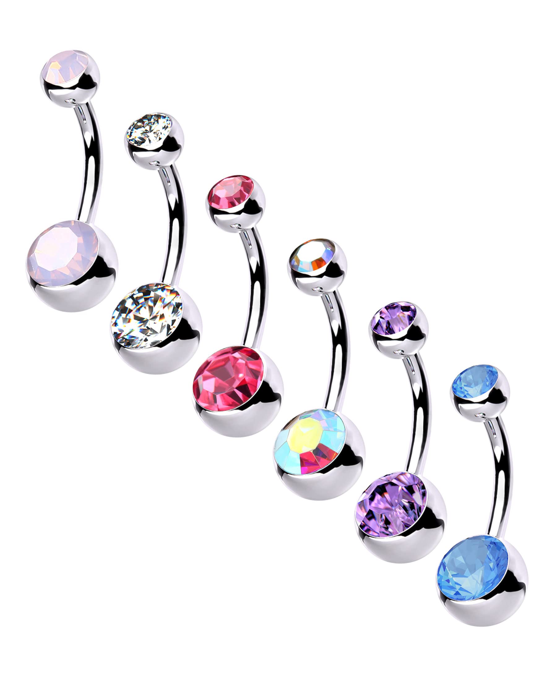 Melighting 6pcs 14G Belly Bars Navel Piercing Jewellery 316L Stainless Steel Black Navel Bars Shinny CZ Belly Button Ring Navel Piercing Bars for Women Girls