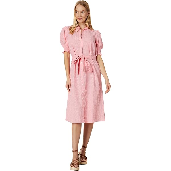 Tommy Hilfiger Puff Sleeve Gingham Midi Dress Dobby Gingham