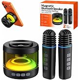 Mini Magnetic Bluetooth Speaker with Microphone Wireless Karaoke Machine | Portable Dual Clip On Mics for Adults and Kids Featuring Phone Stand RGB Lights Four Voice Effects TWS Stereo