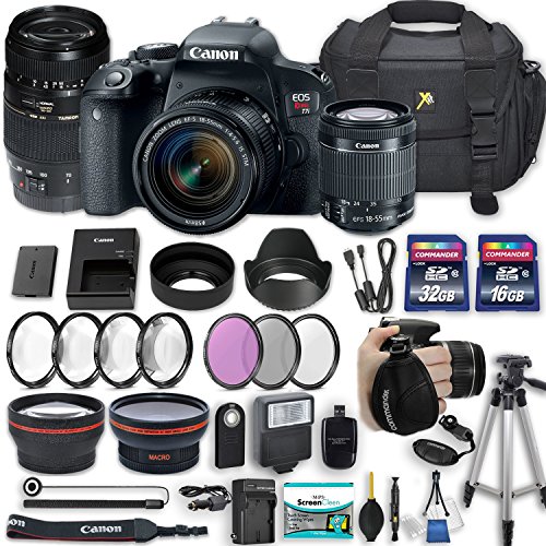 Canon EOS Rebel T7i 24.2 MP DSLR Camera with Canon EF-S 18-55mm f/4-5.6 is STM Lens + Tamron 70-300mm f/4-5.6 Di LD Lens + 2 Memory Cards + 2 Aux Lenses + 50" Tripod + Accessories Bundle (24 Items)