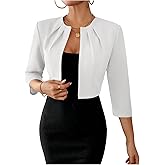 SOLY HUX Women's Blazer Jacket Open Front 3/4 Sleeve Pleated Work Office Cropped Jacket