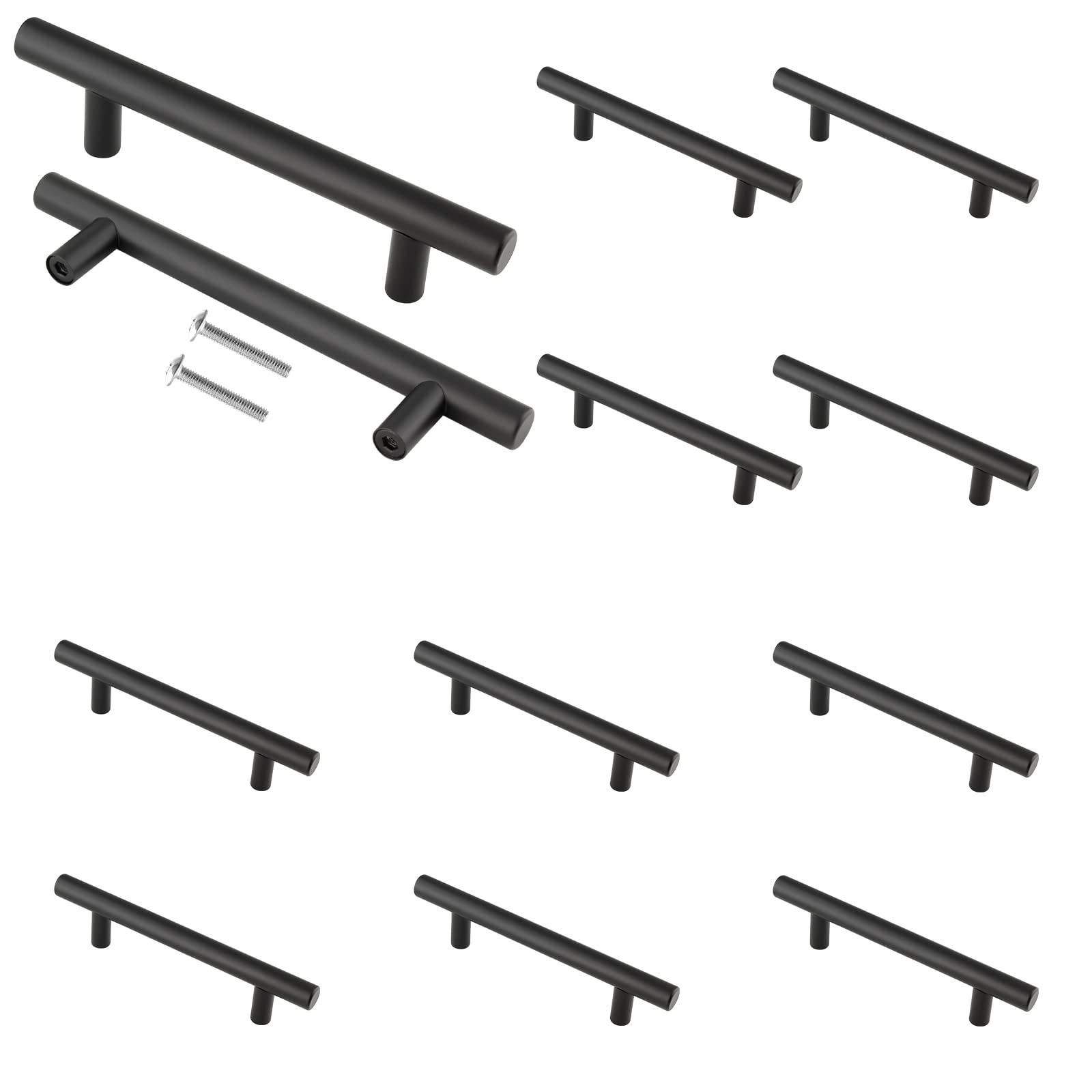 Cjueiom 12 Pack Matt Black Cupboard Handles 76mm Hole Center T Bar Handles, Stainless Steel Drawer Long Wardrobe Door Pulls, 127mm Length Kitchen Cabinet for Bedroom