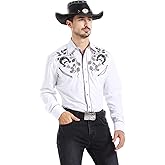 EL PIONERO Men's Floral and Horseshoe Embroidered Long Sleeve Retro Western Cowboy Shirt