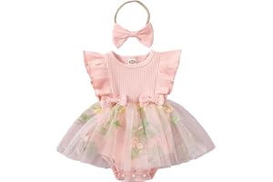 Hnyenmcko Newborn Baby Girl Summer Romper Dress Infant Fly Sleeve Flower Embroidery Mesh Tulle Skirt Hem Ribbed Bodysuit