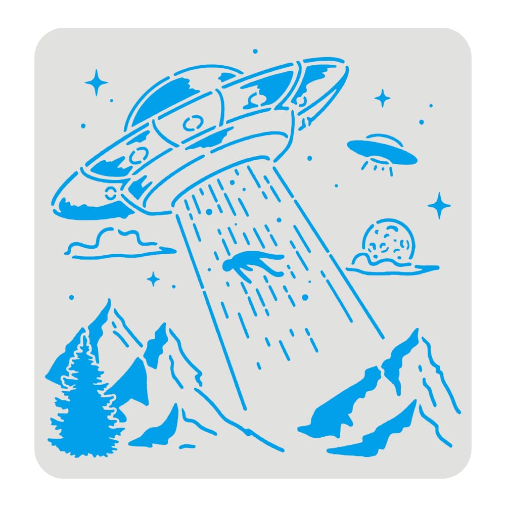 FINGERINSPIRE UFO Spaceships Drawing Painting Stencils Templates 30x30cm Plastic Aliens Stencils Decoration Square Planets Stencils for Painting on Wood, Floor, Wall and Fabric