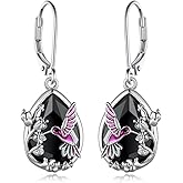 Hummingbird Black Tourmaline Earrings 925 Sterling Silver Hummingbird Dangle Earrings Animal Jewelry Gifts for Women