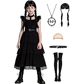 DIYLN Kids Girls Black Dress for Halloween Costume with Wig Necklace Socks Accessories