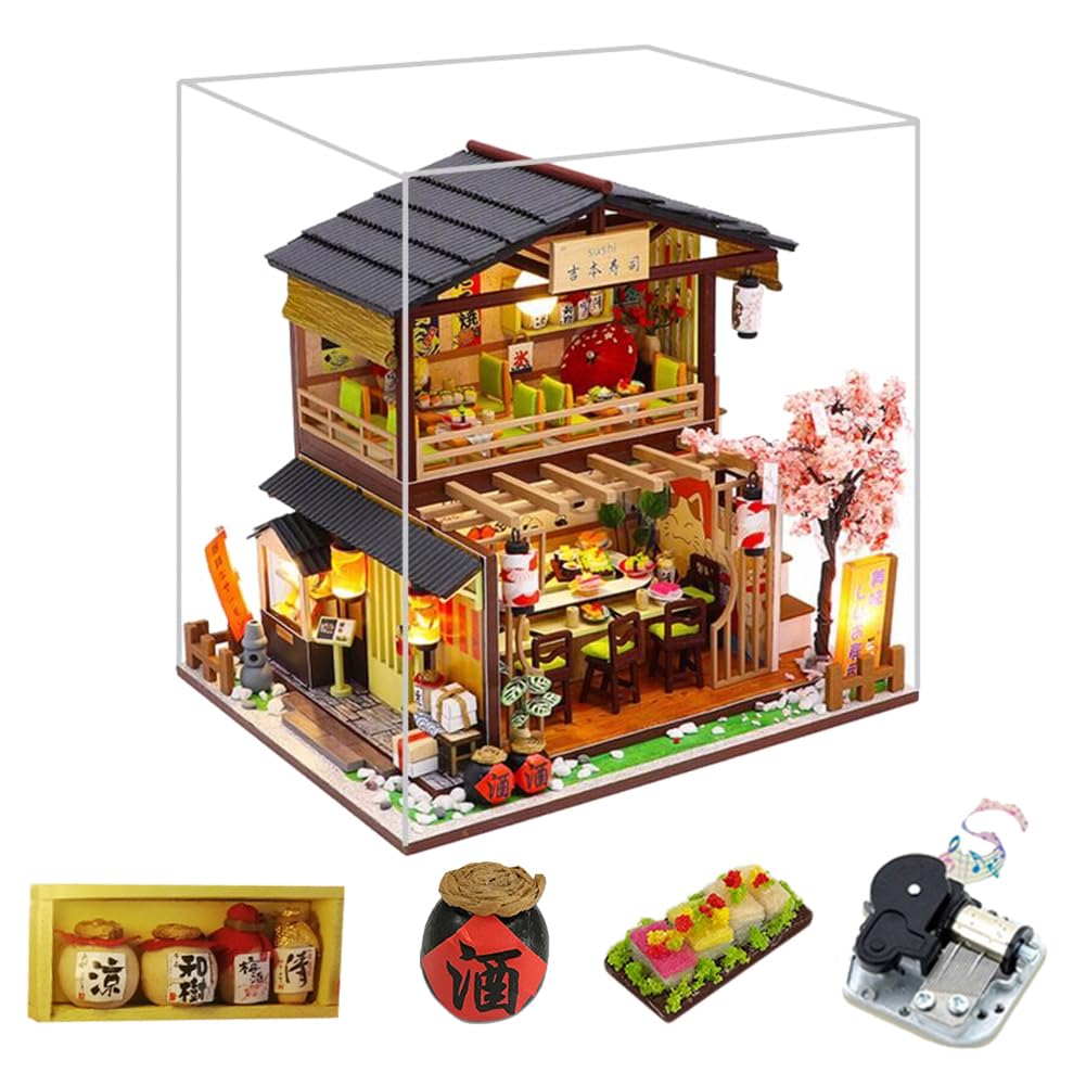 DIY Japanese Dollhouse With Dust Cover And Music Box Furniture LED Light Kits Miniature Sushi Shop Wooden Handmade Building Model Puzzle Toy Children Birthday Gift