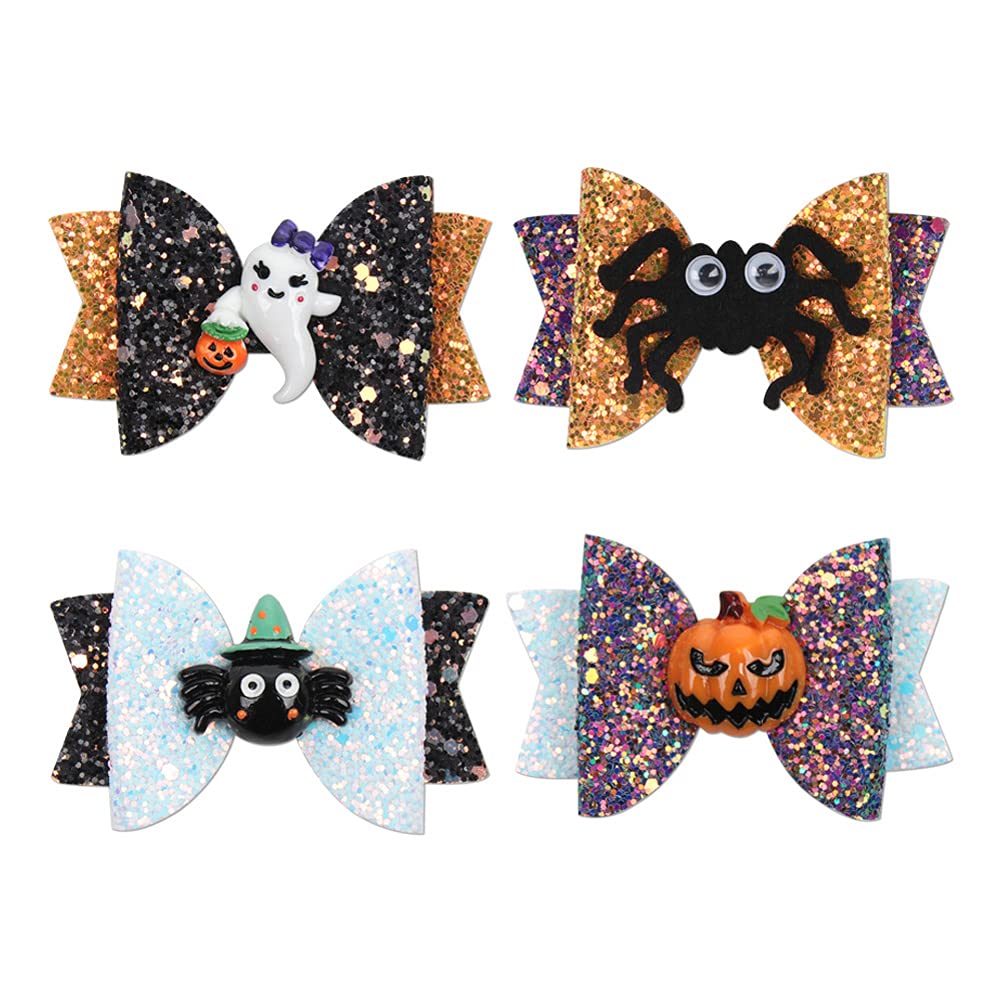 Sofecto 4 Pack Baby Girls Glitter Halloween Hair Clips Hair Bow, Pumpkin Spider Ghost Hairwear Decor Hair Accessories for Halloween Party