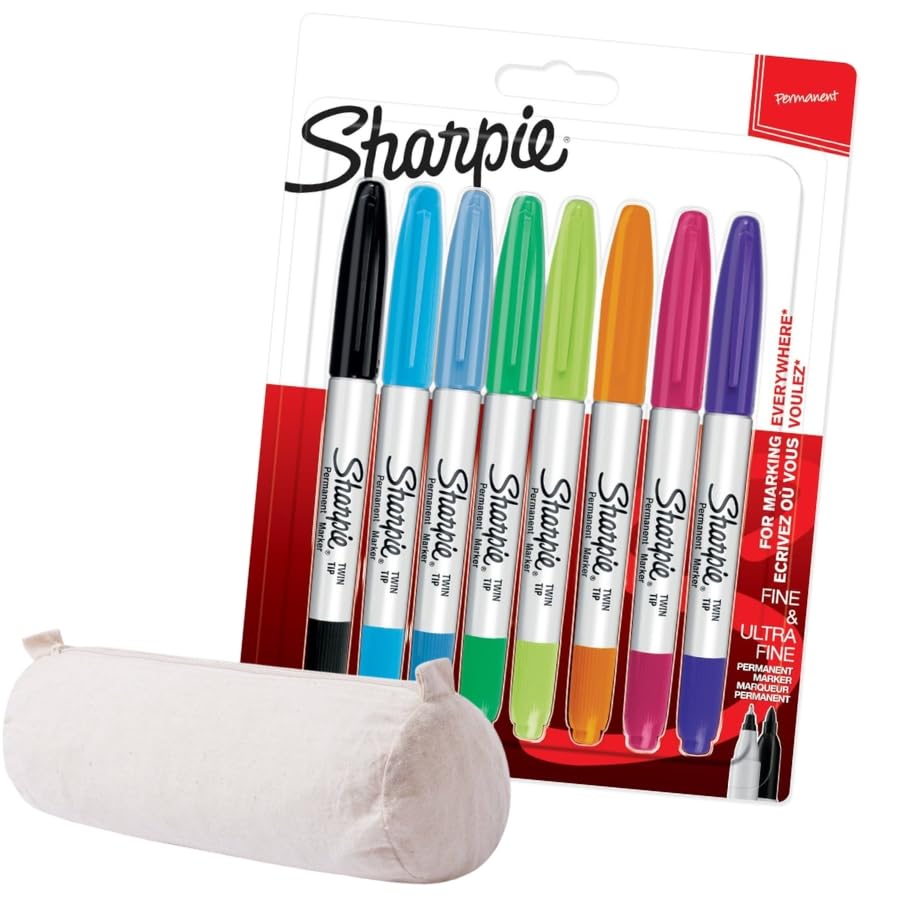 Sharpie Double Sded Permanent Markers | Fine Line & Ultra-Fine | School Layette | 8 Marker Pens + Cotton Pouch