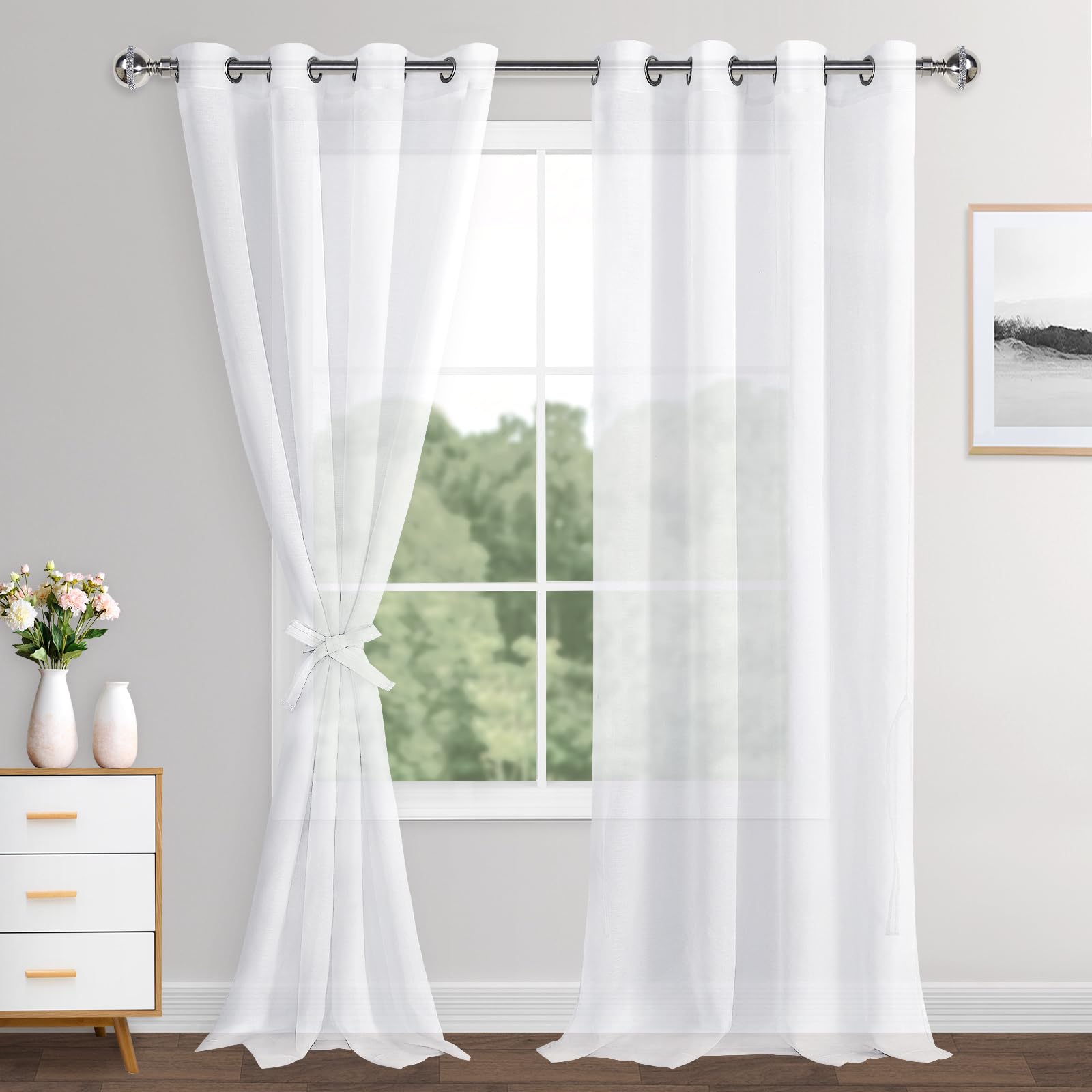 XWZO Linen Look Voile Curtains White,Grommet Top Semi Transparent Eyelet Sheer Drapes for Living Room,Kids Room,W55*L102,2 Panels